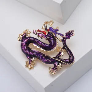 Regal Chinese dragon brooch in purple enamel and gold finish for suits and accessories