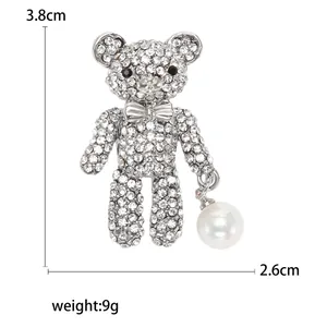 Sparkling rhinestone bear brooch with white pearl pendant and size dimensions