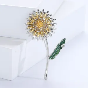 Élégante Broche Fleur de Pissenlit en Alliage Avec Feuille en Émail Strass Or Argent Bicolore Bijoux de Mode Épingle Femme