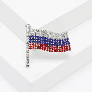Sparkling Russian flag brooch with white blue and red crystals on silver base
