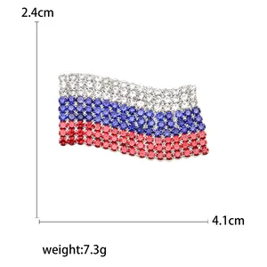 Russian flag brooch with wavy rhinestones in white blue red, size 4.1x2.4cm