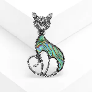 Vintage Alloy Cat Brooch Pins With Natural Abalone Shell Inlay Retro Silver Animal Shape Clothing Accessory For Women