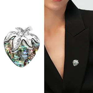 Vintage strawberry brooch with iridescent abalone shell inlay on silver base for women
