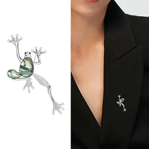 Retro frog brooch with iridescent abalone shell inlay and sparkling crystals on blazer