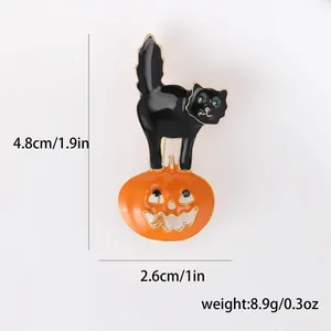 Broche d'Halloween chat noir et citrouille en émail avec dimensions détaillées