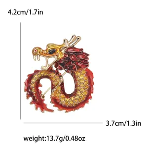 Golden dragon brooch with red and yellow enamel, size 4.2x3.7cm for suit accessories