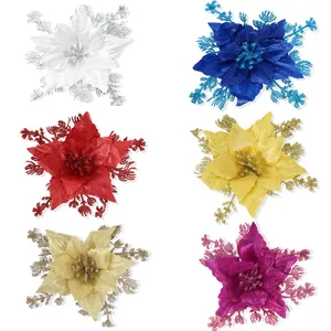 Fiori di Poinsettia Natalizi Artificiali Glitterati per Decorazione Festiva in Plastica PET Ornamenti Floreali Luccicanti per Albero Casa