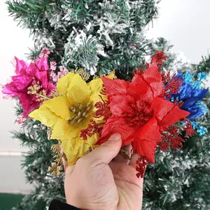 Fiori di stelle di Natale artificiali glitterati multicolore per l'albero di Natale