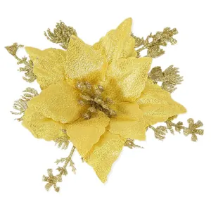 Poinsettia artificiale dorata con glitter per decorazioni natalizie e albero di Natale