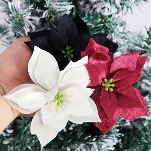 Three-piece velvet artificial poinsettia flowers in white, black, and burgundy for Xmas tree