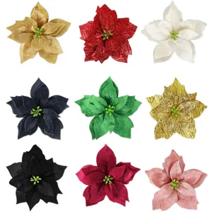 Set of nine 12cm velvet artificial poinsettia flowers for Christmas tree decoration