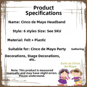 Specifications for Cinco de Mayo felt headbands showing material and style details