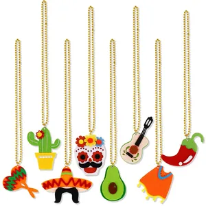 Close-up of Mexican Fiesta felt necklaces featuring guitar and cactus on gold bead chains