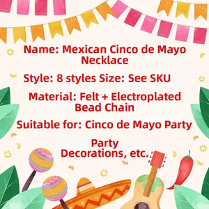 Detail of 8 Cinco de Mayo necklaces with felt charms and metallic plastic beads