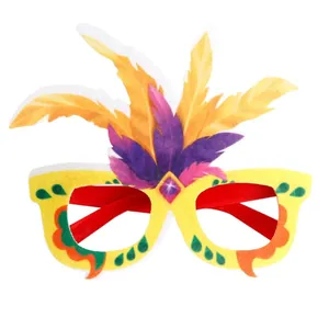 Colorful Carnival party glasses with vibrant feathers and yellow frames for festive events