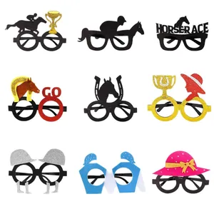 9-piece set of horse racing party glasses featuring jockey hats and golden trophies