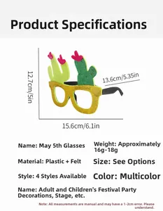Detailed view of Mexican fiesta party glasses with green cactus and yellow glitter frames