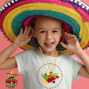 Cinco de Mayo kids beaded necklaces with cactus and chili pepper charms on model