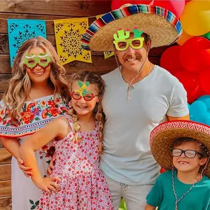 Family wearing colorful Cinco de Mayo party glasses with cactus and guitar designs