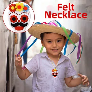 Detail of felt skull necklace for Cinco de Mayo with floral patterns and gold chain