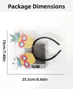 Weight measurement of a glitter pineapple headband with pink heart sunglasses on a scale