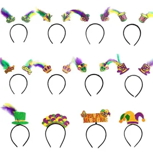 Pack de 12 diademas de Carnaval Mardi Gras con plumas y lentejuelas moradas y oro