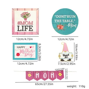 Set 5 pezzi decorazioni festa della mamma in legno con gnomi rosa e fiori di tulipano