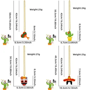 Detailed size chart for Mexican party necklaces including cactus and guitar felt charms