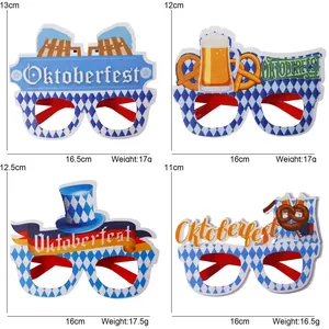 Set of 4 paper Oktoberfest party glasses with beer, pretzel and blue check pattern