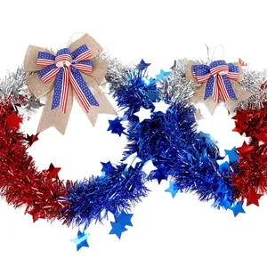 Patriotic 4th of July tinsel garlands with stars and American flag themed bows