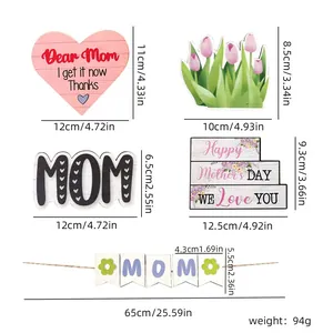 Set di 5 decorazioni in legno per la Festa della Mamma con cuore rosa e scritta MOM