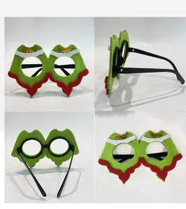 Detailed four-angle views of festive green felt glasses with red trim and gold sequins