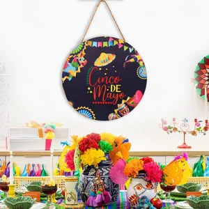 Targa Appesa in Legno Rotonda Messicana Cinco De Mayo Decorazione per Festa Sombrero Chili Pinata Benvenuto Targa per Porta Ornamento Casa