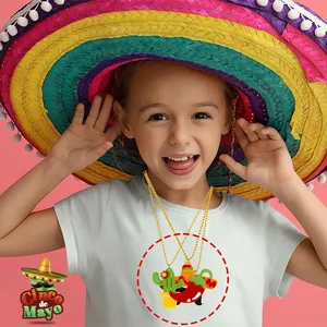 Mexican Fiesta Necklace Cinco De Mayo Felt Pendant Gold Bead Chain Party Favor Decoration For Kids Adults Holiday Accessory