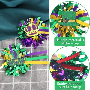 Detalle de pinzas para el pelo Mardi Gras con lentejuelas y clips de cocodrilo