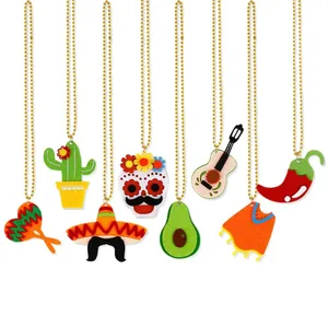 8-piece Mexican Fiesta necklace set with felt cactus and guitar charms on gold bead chains