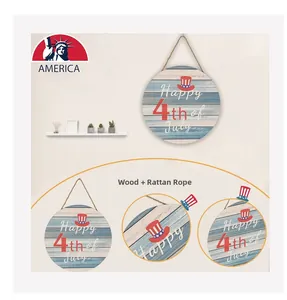 Detail von Happy 4th of July Holzschild mit Onkel Sam Hut und Hanfseil-Textur