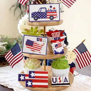 Independence Day Tiered Tray Decor Wooden USA Sign Patriotic Table Centerpiece Decorations American Flag Gnomes Truck Ornaments
