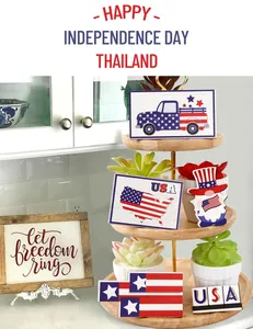 Patriotic wooden tiered tray decor with Independence Day gnome and USA flag signs