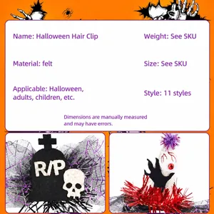 Gedetailleerde Halloween haarspelden van vilt met glitter schedel, RIP grafsteen en designs