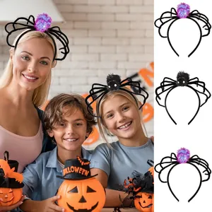 Halloween black plush spider headband with purple sequins for party costume decoration