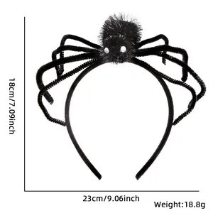 Detail shot of black plush Halloween spider headband showing 23cm width and 18cm height