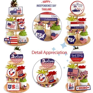 Independence Day tiered tray wood decor set with USA flags and gnomes ornaments