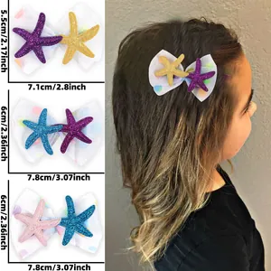 Sequin starfish bow hair clips set for girls with precise size measurements