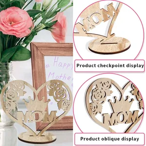 Hollow wooden heart MOM ornament with rose details and round base for Mother's Day decor