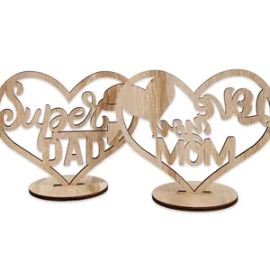Wooden Mother's and Father's Day ornaments featuring Super DAD and Love MOM cutout heart designs
