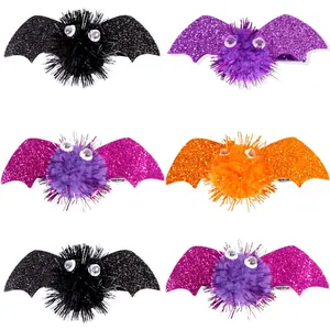 Set of 6 glitter Halloween bat hair clips in black purple pink and orange festive colors