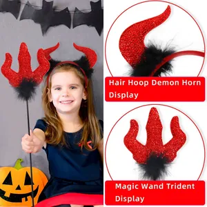 Red sequin devil horn headband and matching trident wand set for Halloween cosplay