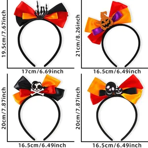 Detailed dimensions of Halloween bow headbands with skeleton and pumpkin motifs