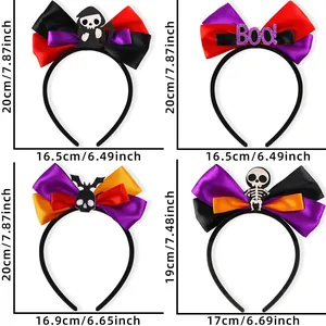 Detailed view of Halloween bow headbands with spooky motifs and size measurements